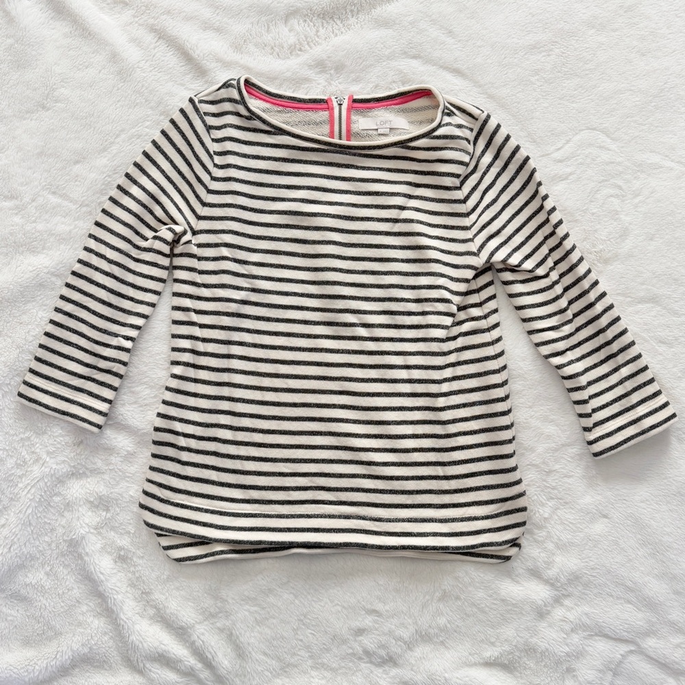 LOFT Striped Knit Back Zipper Top Cream Gray Size Medium